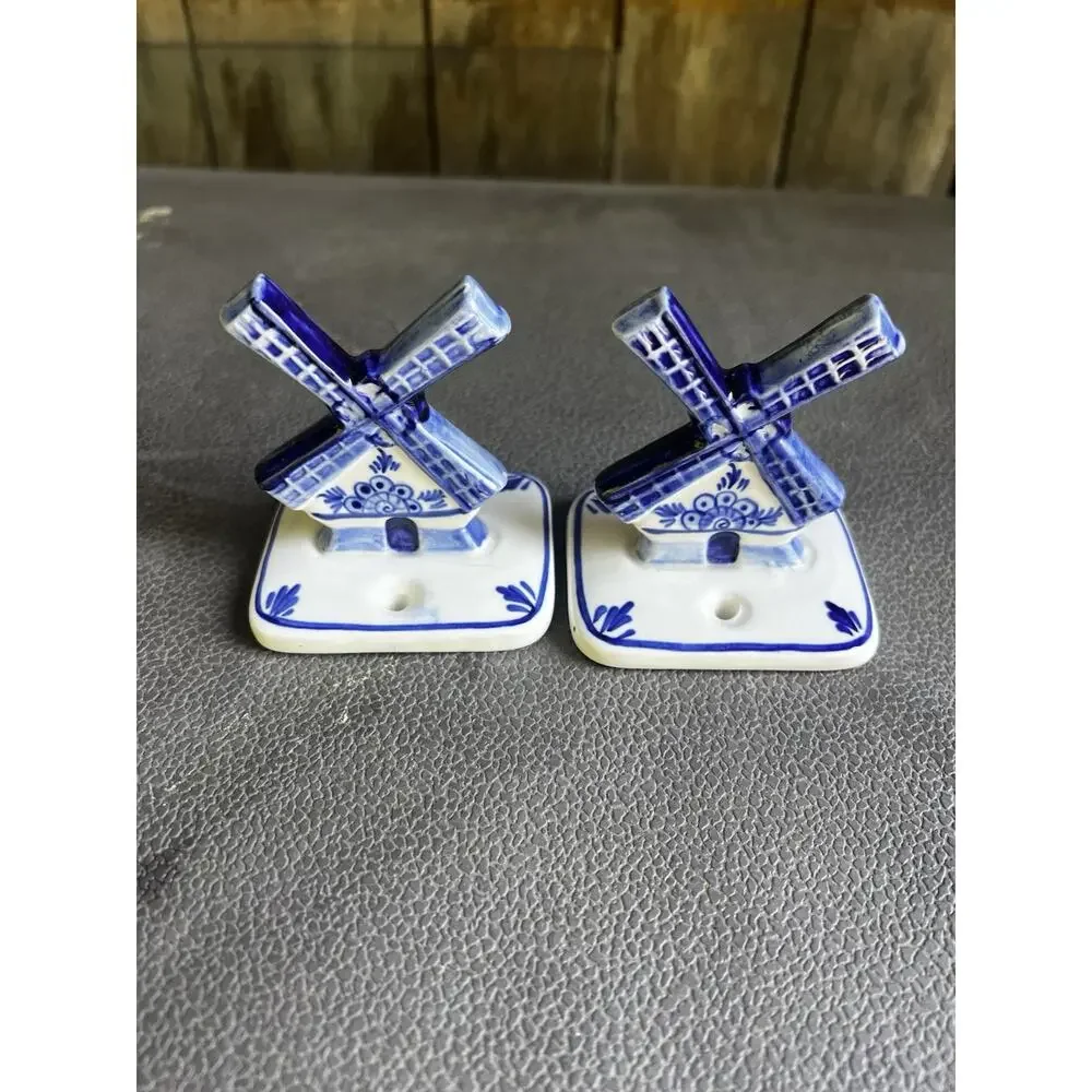 VTG Delft Blue Windmill Ceramic Mounts Pair Towel Hooks Brackets Cottage Core
